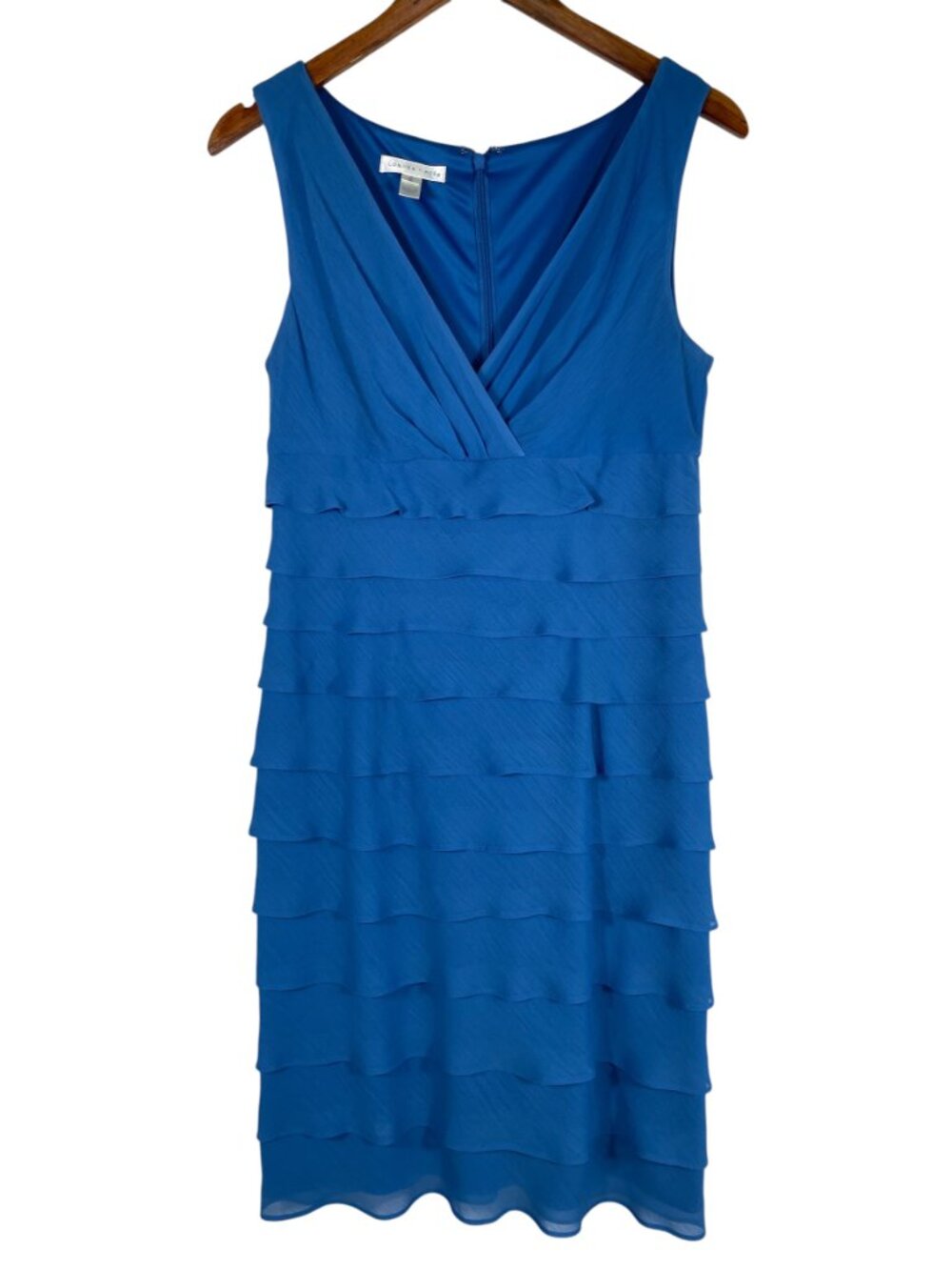 London Times Blue Tiered Chiffon Cocktail Dress Sleeveless V-Neck Size 8 - Picture 11 of 11